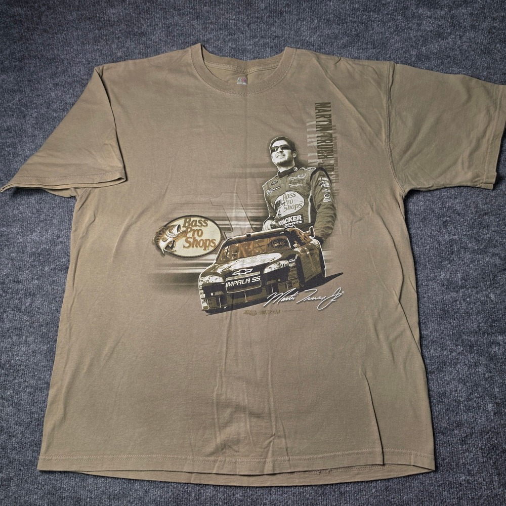 Vintage 2008 Martin Truex Jr Bass Pro Shops NASCAR T-Shirt Tan Mens XL Chevrolet